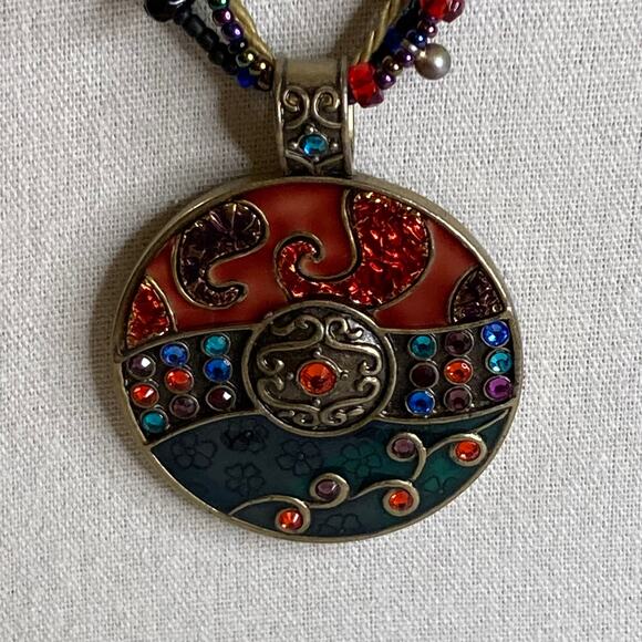 0114 Chico's Boho-Style Multi-Strand Necklace w/Rhinestone-Accented Pendant - Picture 2 of 6